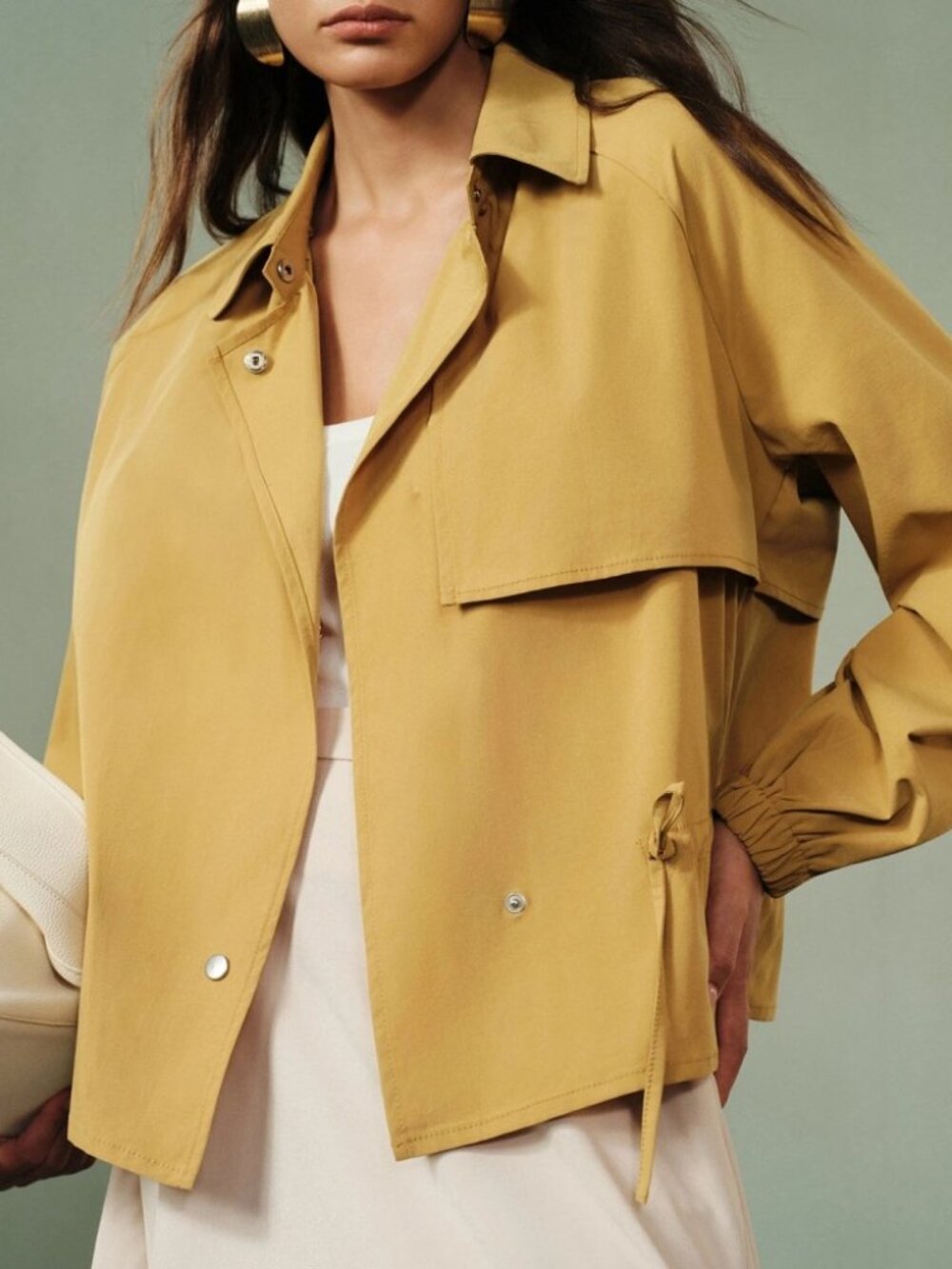 Mustard Yellow Button Front Drawstring Waist Cropped Trench Coat Utility Jacket